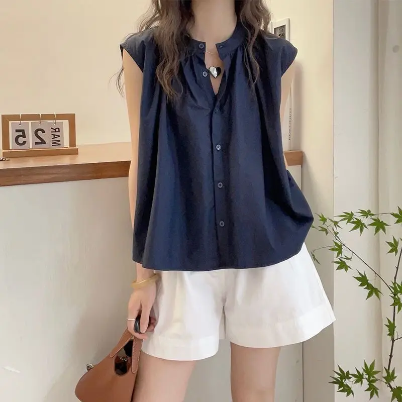 Nouveau Vêtements d'été Simple plissé manches flottantes Blouse pour les femmes doux coréen