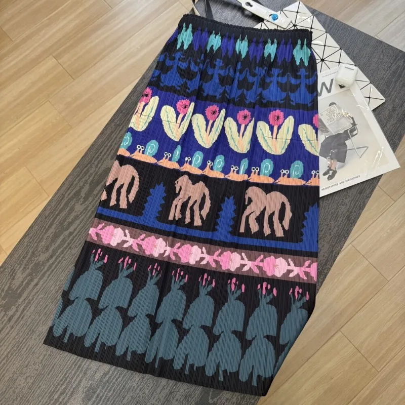 Miyake Pleated Abstract Art Print Skirt Plisse 2026 New Mid-Length Fold Jupe Women Summer Elastic Waist Pleats Vintage Skirt