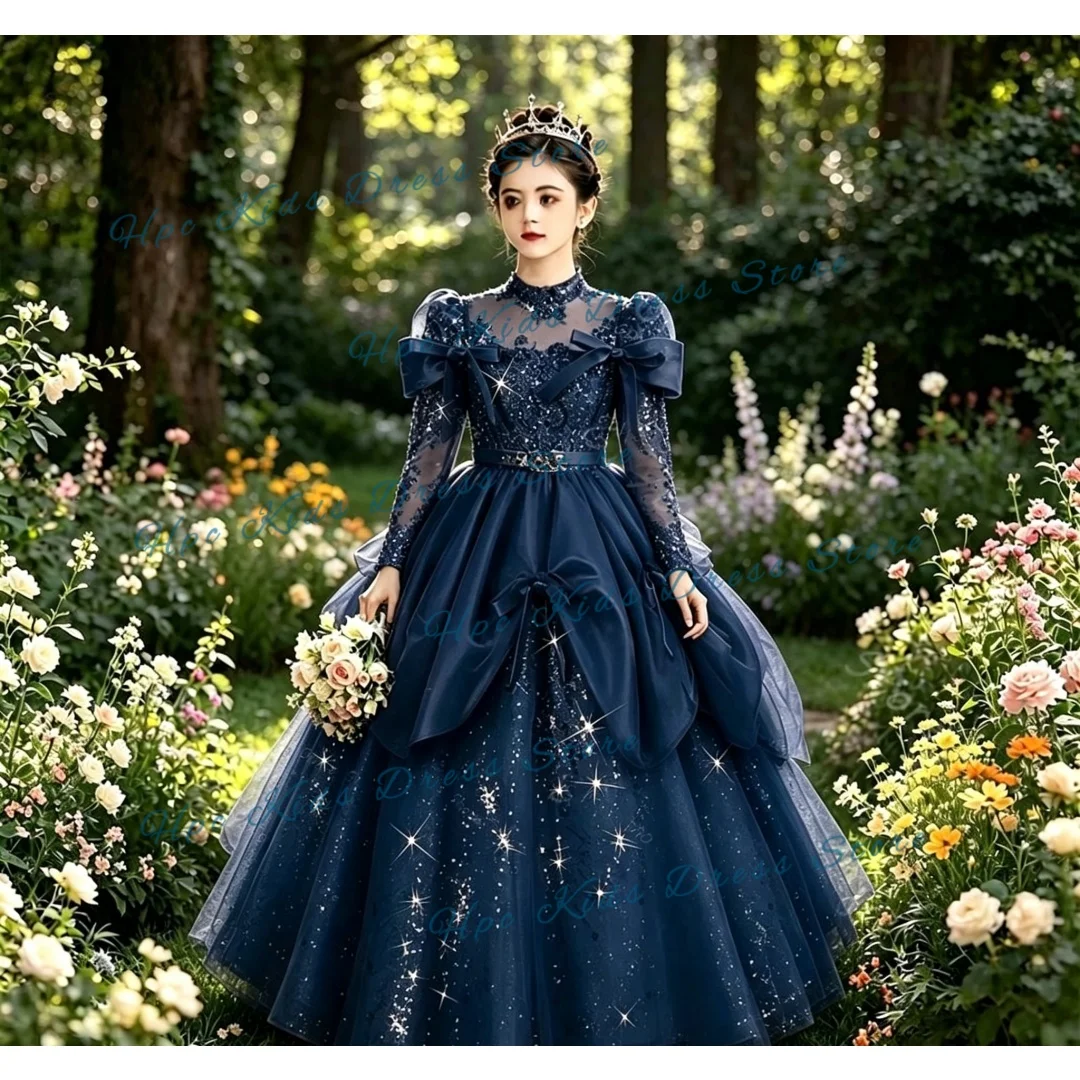 Girls' Royal Blue Sequin Long-Sleeve Flower Girl Dress with High Neck, Bow, and Sheer Fabric for Weddings and Parties