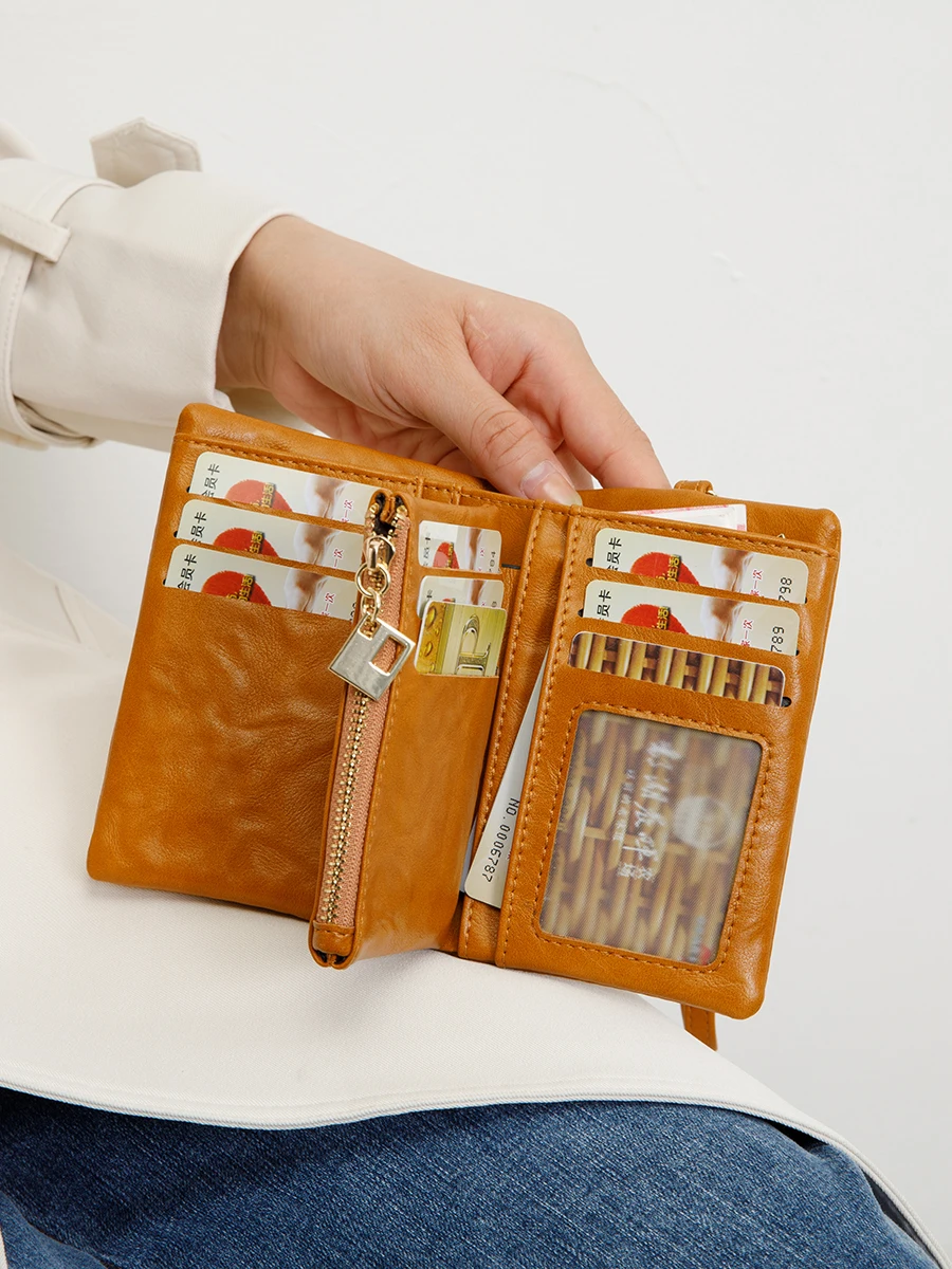 Retro short style small wallet, women's 100% PU leather folding wallet with multiple card slots and zipper pockets