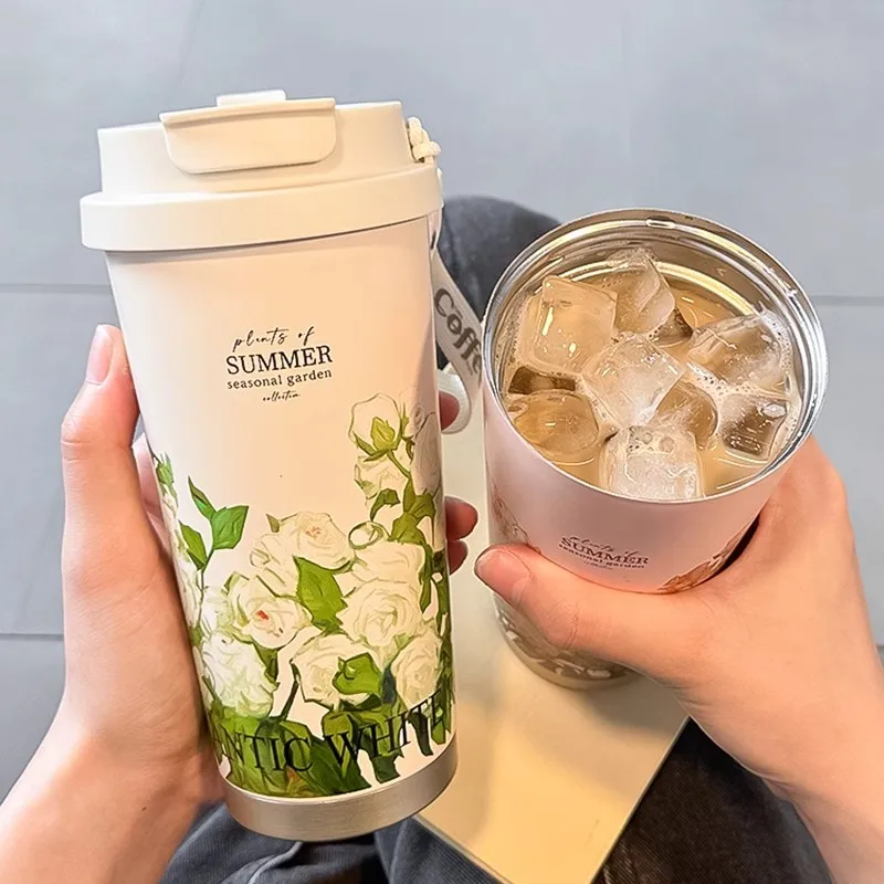 

Girls Insulated Stainless Steel Coffee Cup Dual Drink Straw Portable Summer Cold Cup High Appearance