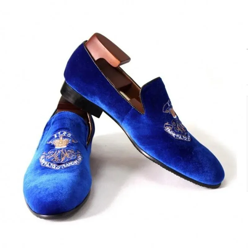 

Blue Velvet Loafers Flat heel Slip on Wedding Dress Shoes Embroidery Fashion Oxfords