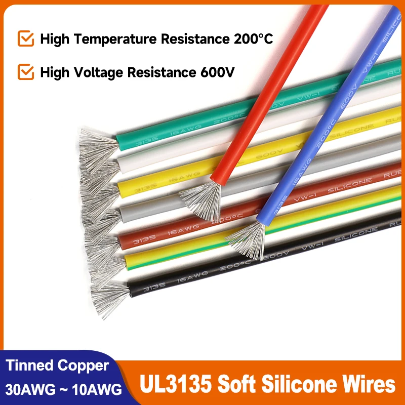 

1/5M UL3135 Copper Wire 10/12/14/16/18/20/22/24/26/28/30AWG High Temperature Resistant Flexible Silicone Rubber Electronic Cable