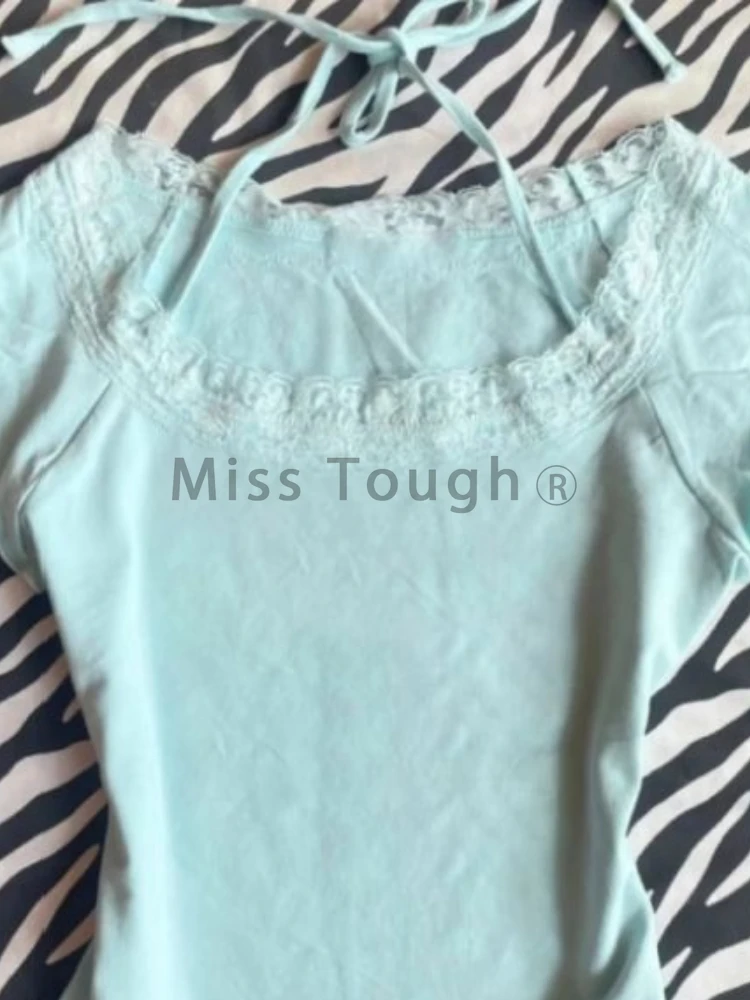 Novedad de verano, camisetas ajustadas de encaje estético para mujer, camisetas de manga corta con cordones Vintage dulce y elegante, ropa ajustada de moda de diseño femenino