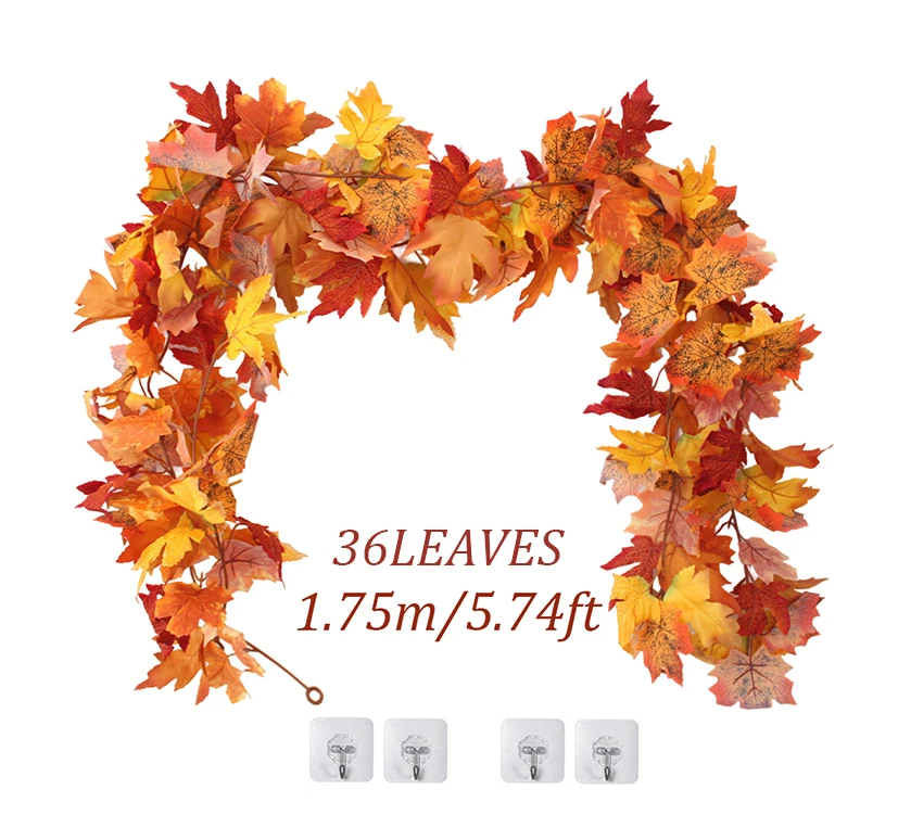 175cm Artificial Fall Maple Leaf Garland Fake Plants Autumn Decor Leaves Vine for Thanksgiving Halloween Festivals Wedding Decor