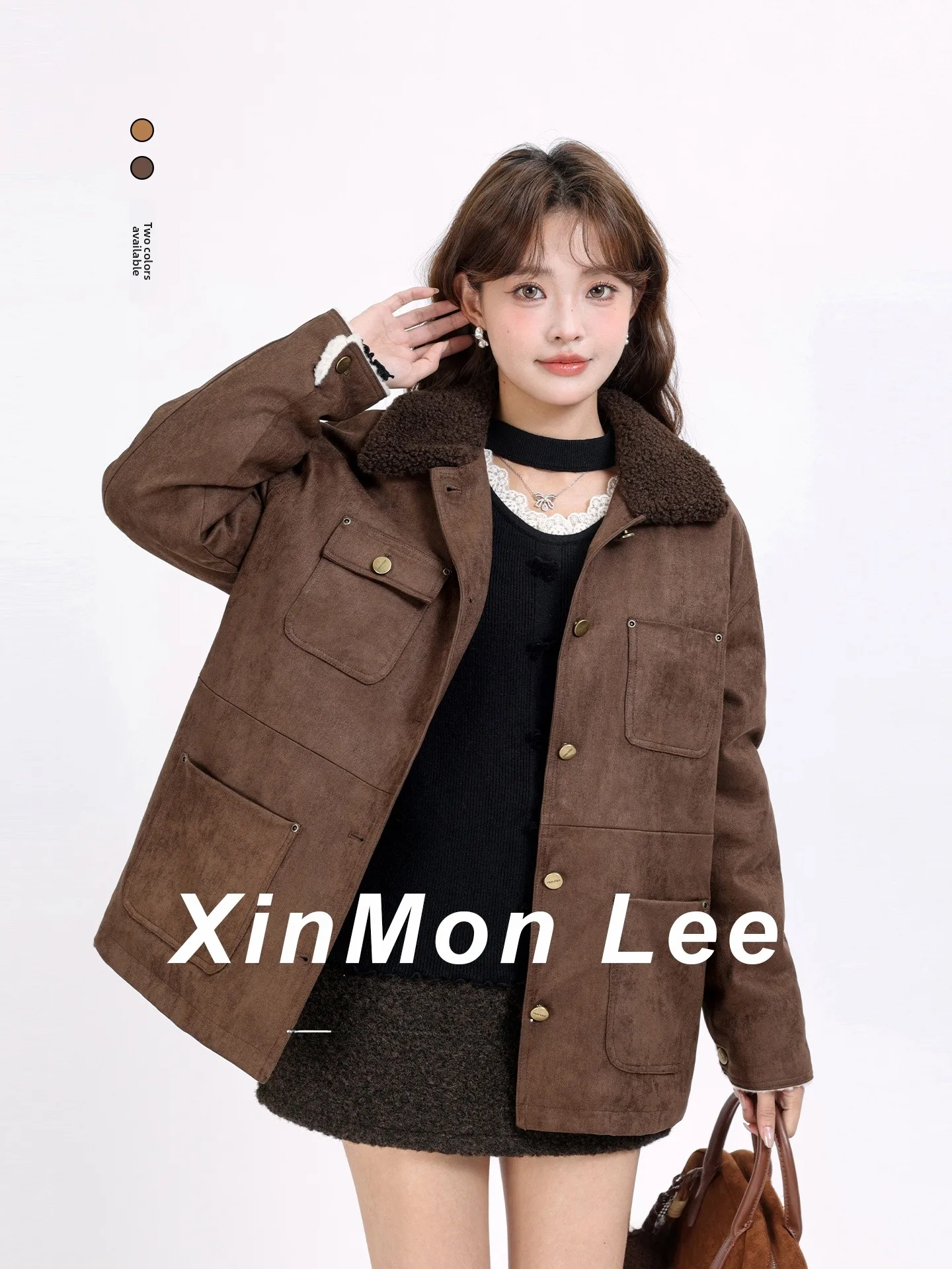 

Lamb Fur Collar Workwear Sle High-End Suede Vintage Mid-Length Fce Lined Mermaid Coat Winter Outerwear Korean Stand Fit