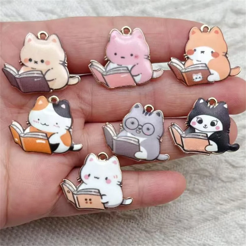 7/14pcs Cute Read Book Cat Enamel Charms Colorful Cartoon Learned Animal Pendants For Making Handmade DIY Jewelry Accessories