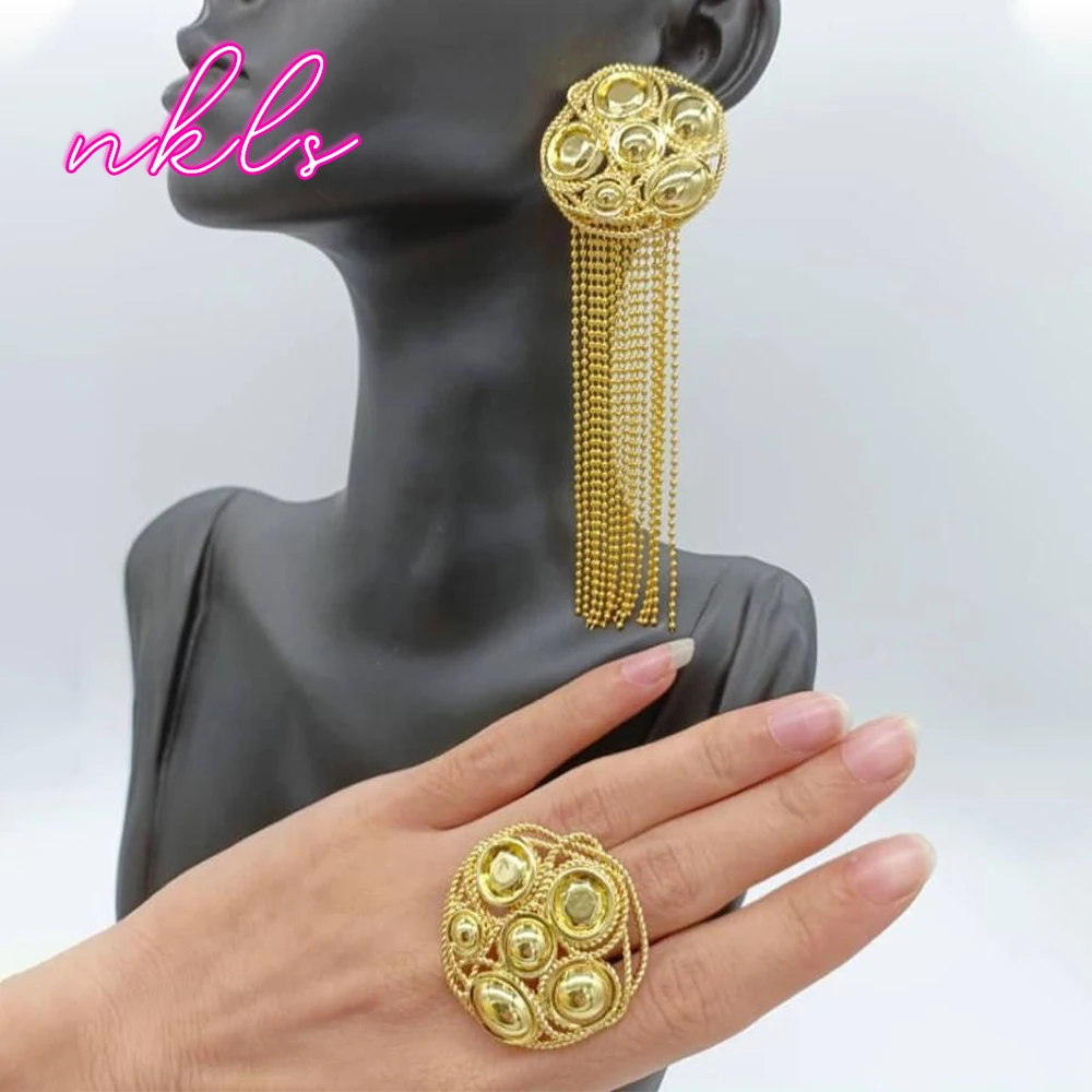 Fashion Ladies Tassel Earrings with Ring Set Trendy Dubai Gold Color Jewelry Set Classic Copper Alloy Metal Jewelry Accessory