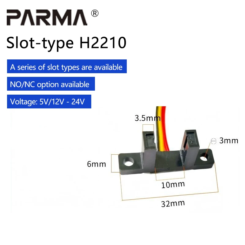 H2210 slot-type photoelectric switch, slot width 10mm, with wire 30cm, DuPont 3-pole-U type, 5V, 24V, 12V, NO/NC