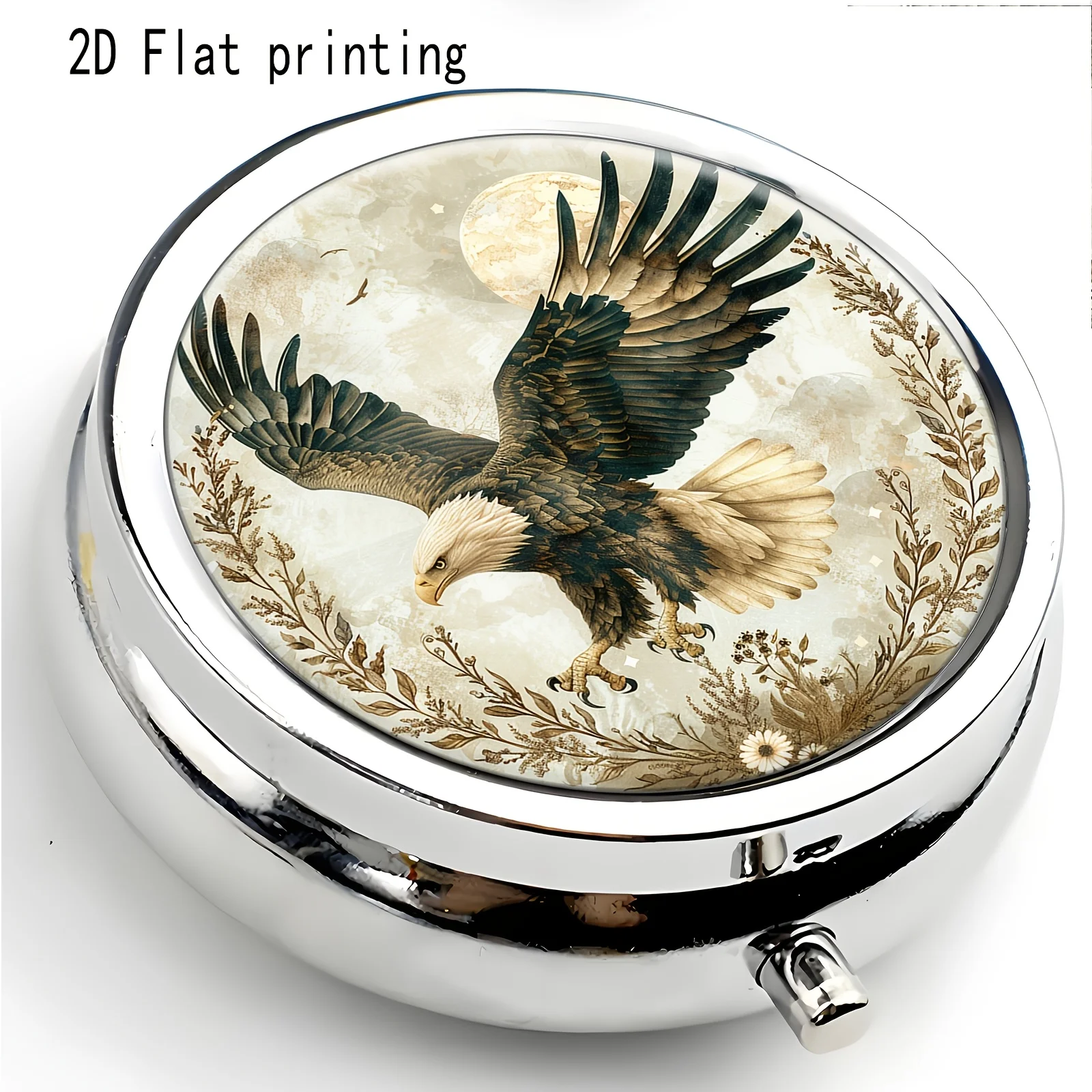 A flat-printed pill box with an illustrated background, vintage atmosphere, made of metal, suitable for various occasions, practical and versatile