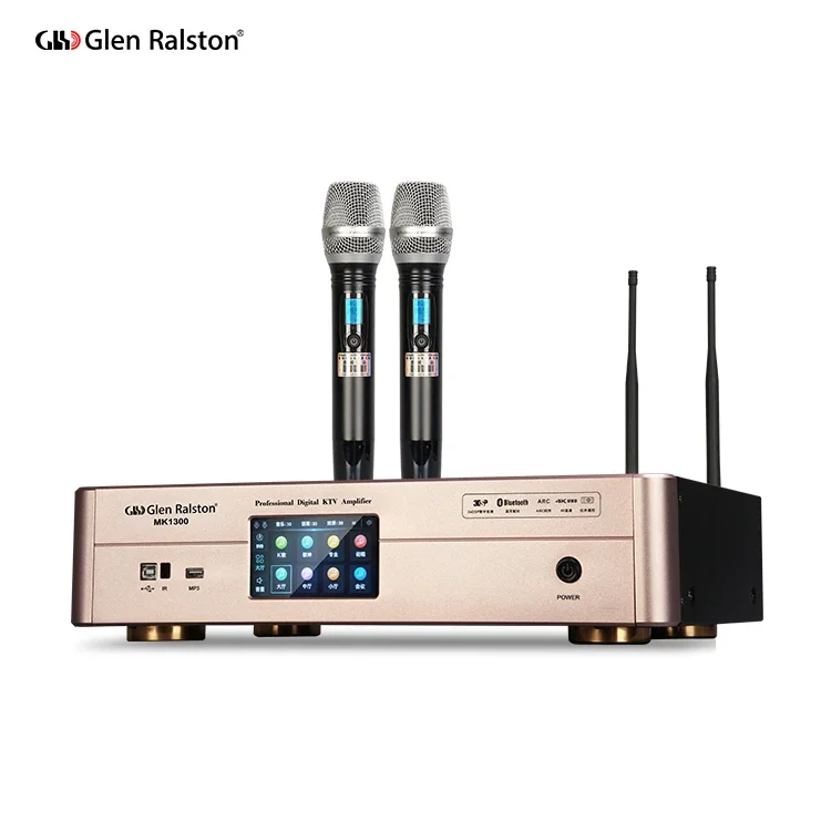 Glen Ralston 300w*2 Full touch screen karaoke mixer system with wireless mic dsp audio processor power amplifier