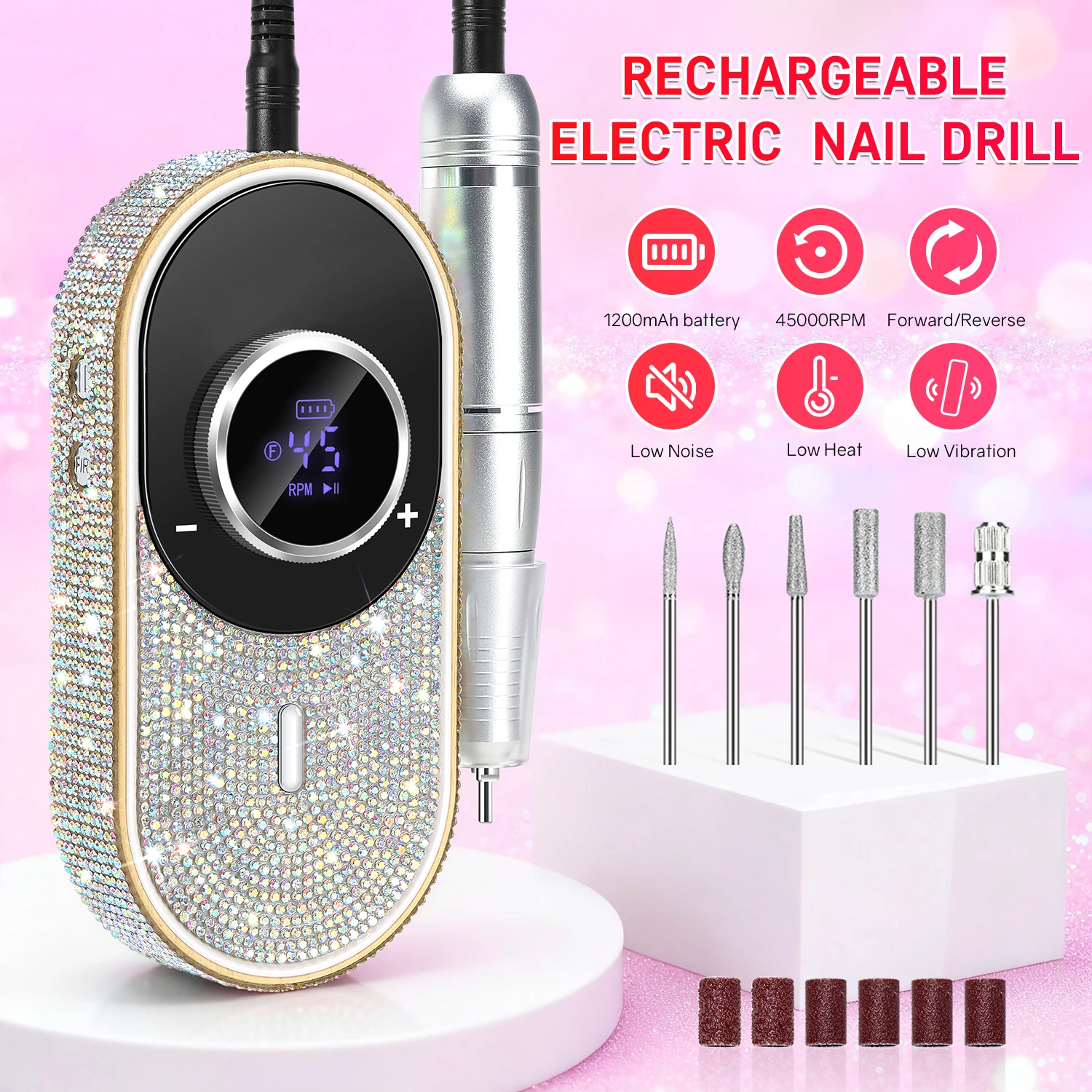 Perceuse à ongles électrique professionnelle, 45000 tr/min, Kit de perceuse à ongles Rechargeable avec perceuse à ongles à faible bruit pour outil d'art des ongles