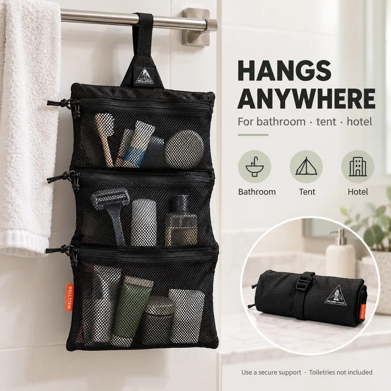 Roll-Up Toiletry Bag Ultralight 40g 3-Pocket Hanging Wash Bag for Travel Hiking Camping