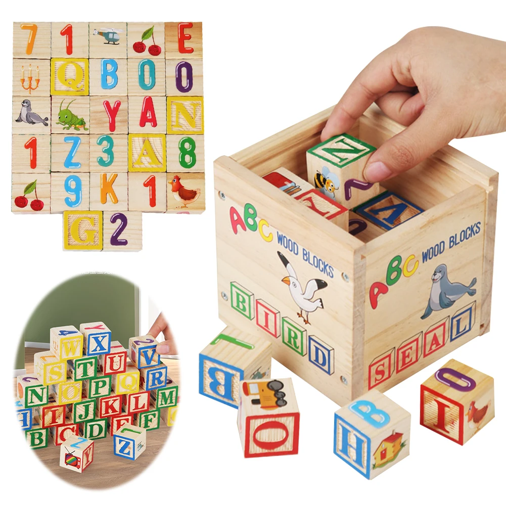 Bloques de construcción de madera ABC, 27 Uds., bloques apilables del alfabeto y números, bloques de aprendizaje ABC para bebés, regalos para niños y niñas