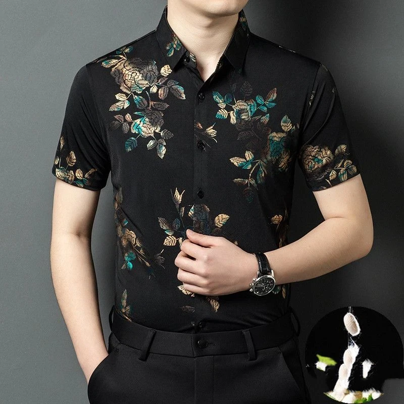 

Men Middle Aged Floral Print Mulberry Silk Short Sleeve Shirt Loose Breathable Casual Summer Top S-4XL