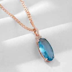 Wbmqda Transparent Oval Blue Stone Necklace And Pendant For Women 585 Rose Gold Color Special Wedding Jewelry Accessories