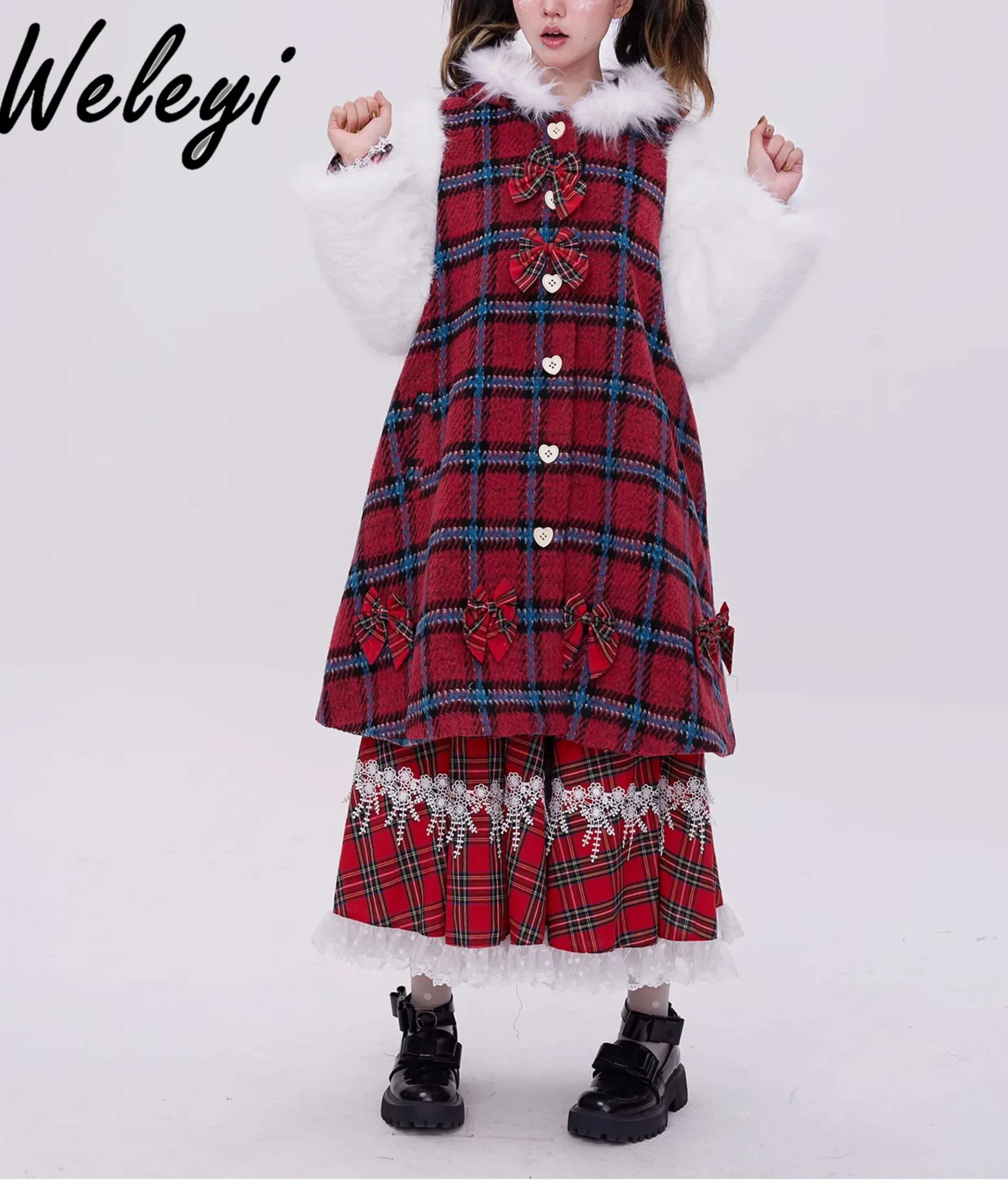 

Japanese Sweet Red Plaid Hooded Tweed Coat Woman 2024 Fall and Winter New Cute Retro Christmas Long Furry Coat Jaqueta Feminina