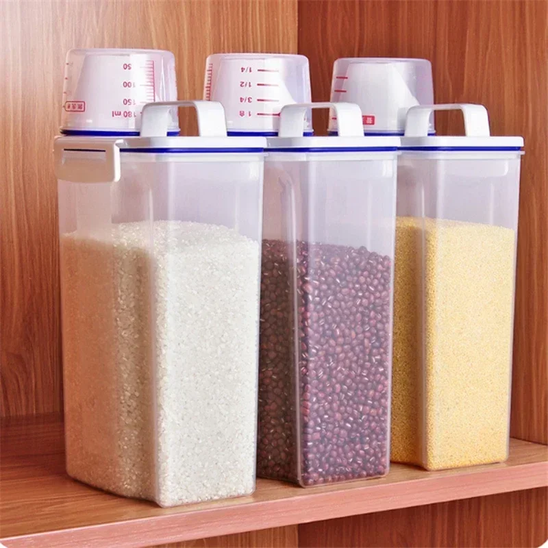 Cubo de arroz transparente sellado a prueba de insectos y humedad con taza medidora, tanque de almacenamiento de alimentos y cereales, caja de cocina, 1/2/3 Uds., 2KG