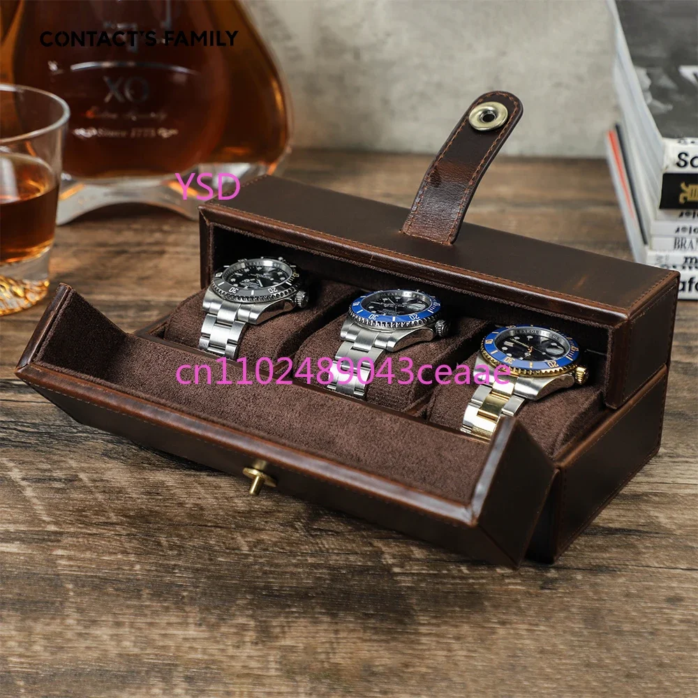 Retro Genuine Leather Luxury 3 Slots Storage Case with Metal Button Travel Portablel Protectice Watch Holder
