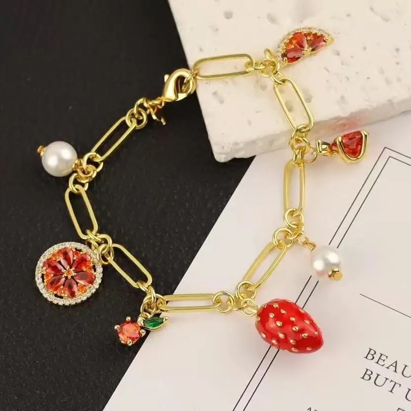 Cute European American Strawberry Lemon Bracelet High‑End Light Luxury New Enamel Zircon Niche Fashion Bracelets for Women