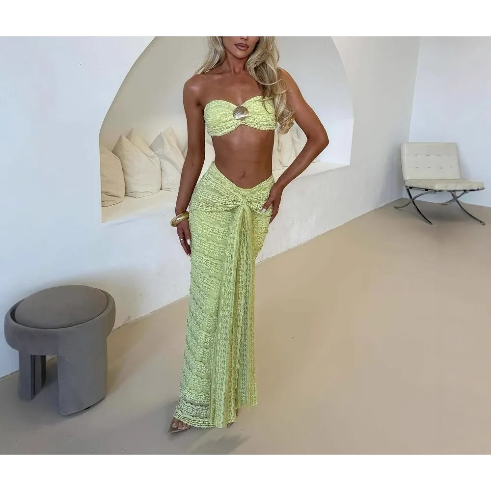 TWOTWINSTYLE Set due pezzi solido per donna senza spalline senza maniche corto top a vita alta gonna con lacci impiombata set femminile