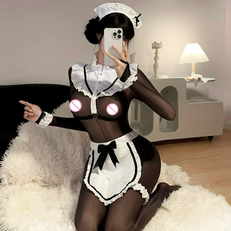 ชุดบอดี้สูทแบบมีเชือกผูกเอว ผ้ามันเงา ชุดเมด ชุดชั้นในซีทรู เซ็กซี่ ชุดจั๊มสูทอีโรติก ชุดคอสเพลย์สาวใช้สไตล์โลลิต้า