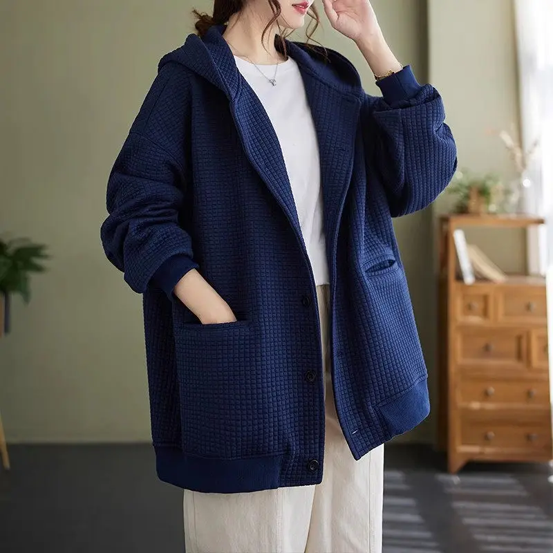 Women's Quilted Hooded Cardigan Long Sleeve Sweatshirt Casual Coat Loose Art Retro Large Size Autumn Winter New Z3436