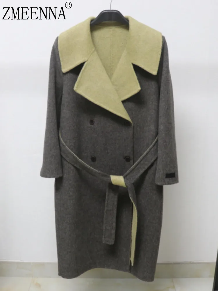 

ZMEENNA Womens Reversible Wool Blend Coat Double Breasted Overcoat With Tie Belt Notched Collar Warm Winter Outerwear ZM4299