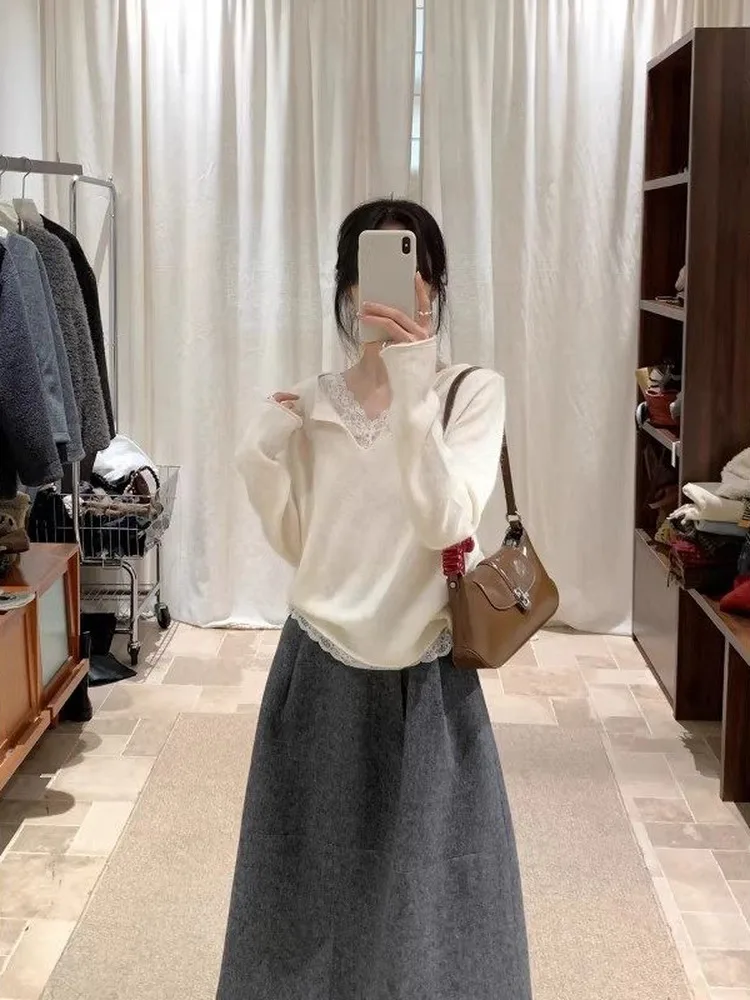 

2026 Winter Thiened Knitted Base irt Women's Inner Wear Lace Trim Top Casual Loose Fit V-ne Long Sve Regular Length