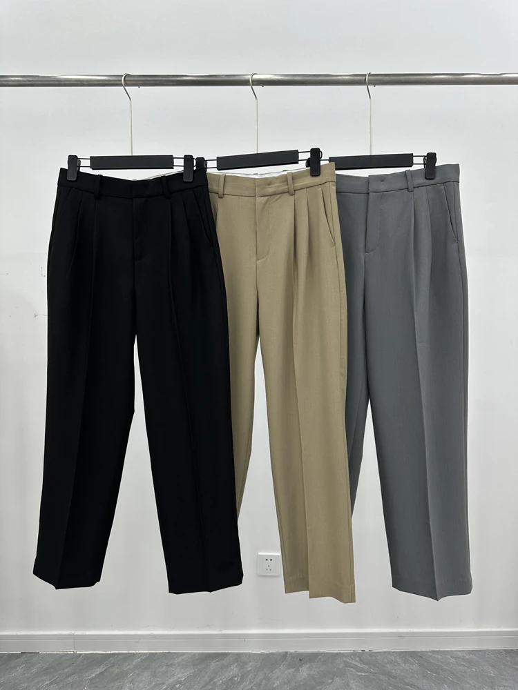 

Casual Wool Acetate Pleated Sewing Design Straight Leg Pants Women's Four Seasons Suit Pants Spring 2024 Straight Cut