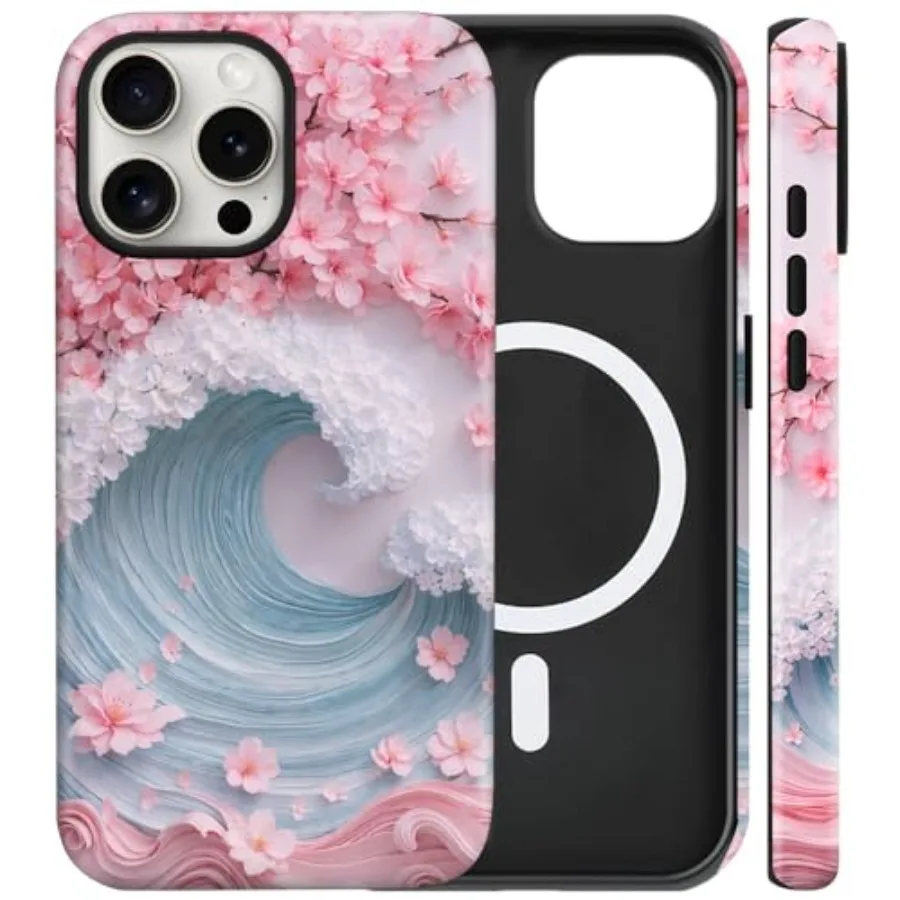 

Magnetic for iPhone 15 Case Cute Cherry Blossom Ocean Wave Phone Case, Japanese Sakura Floral Shockproof Slim TPU and Hard PC P