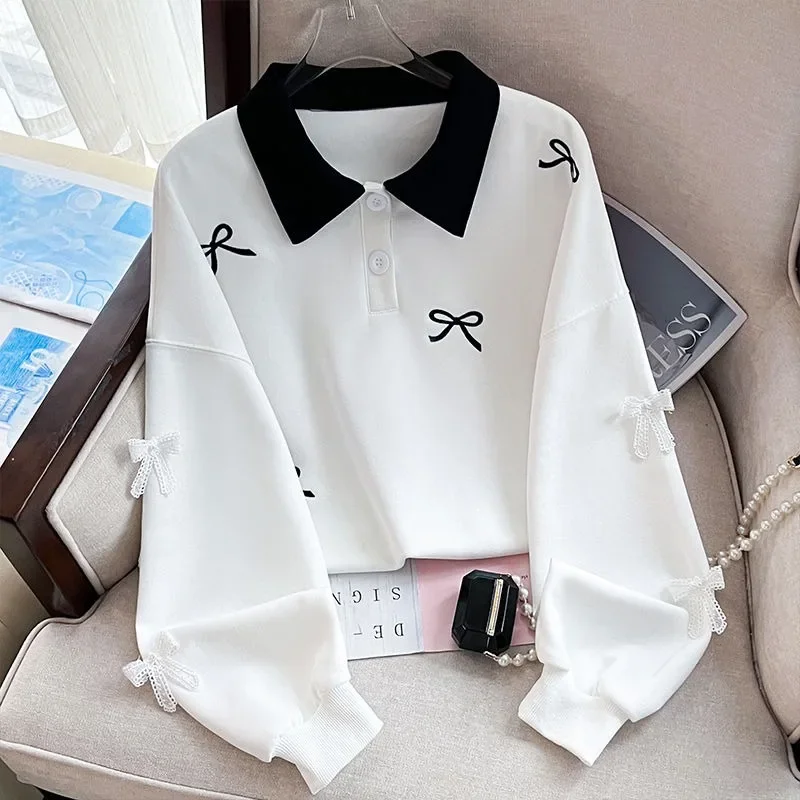 Girls' New Spring Autumn Polo Collar Bow Embroidery Stylish Preppy Color-Blocked Sweatshirt