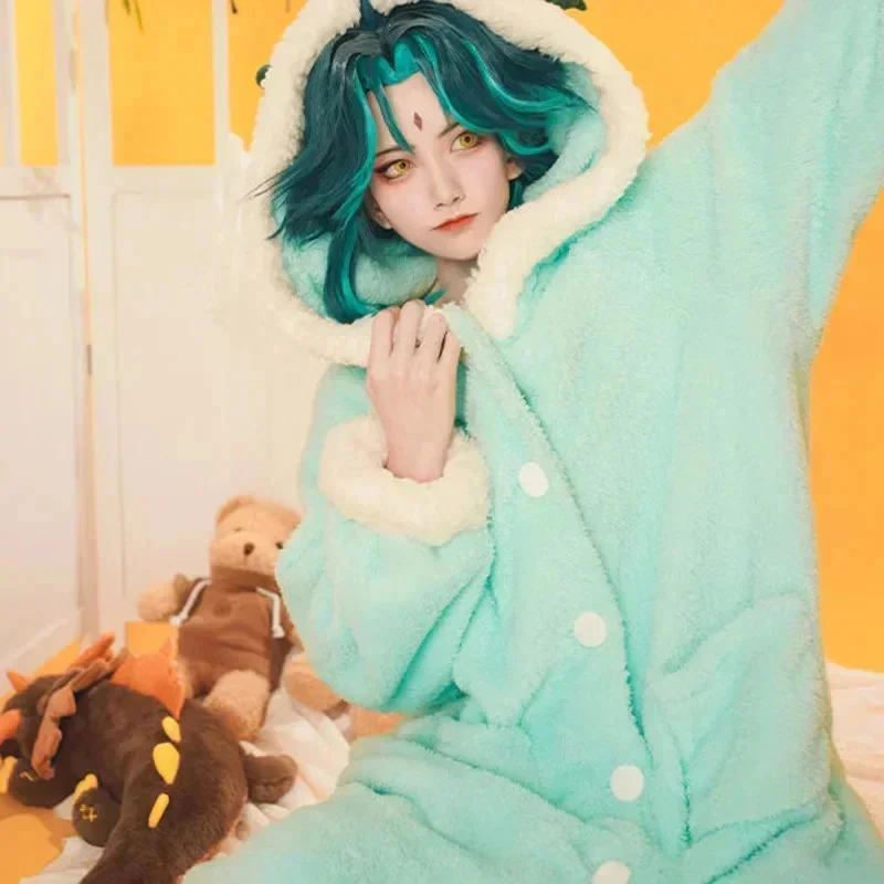 Genshin Impact Cosplay Pajama Anime Unisex Autumn Winter Plush Bathrobe Tartaglia Xiao Zhongli Ganyu Cute Hoodie Thick Nightgown