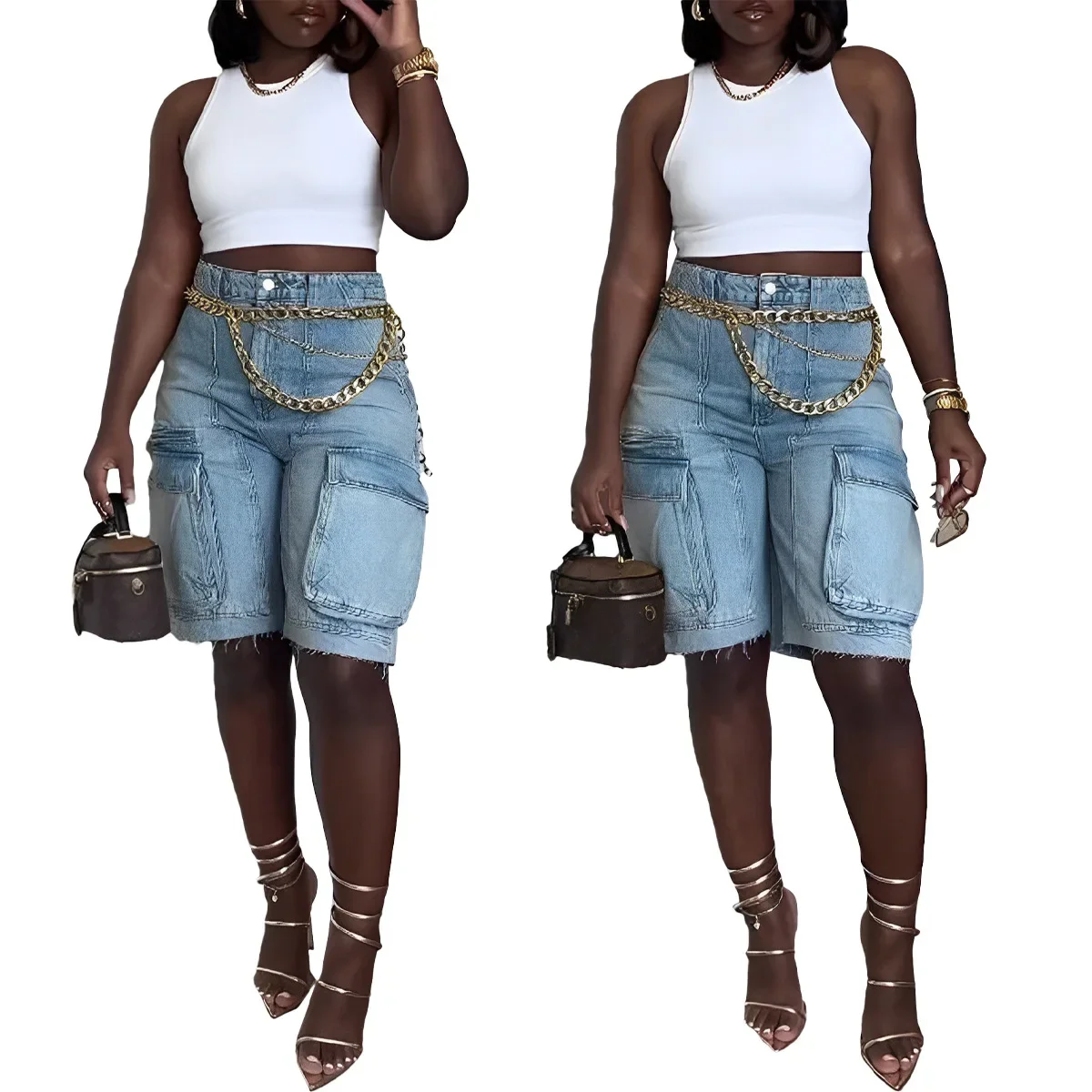 Summer Women Jeans Shorts Distressed Mid Waist Washing Denim Solid Sexy Pockets Slim Fit High Street Spliced Knee Length 2025