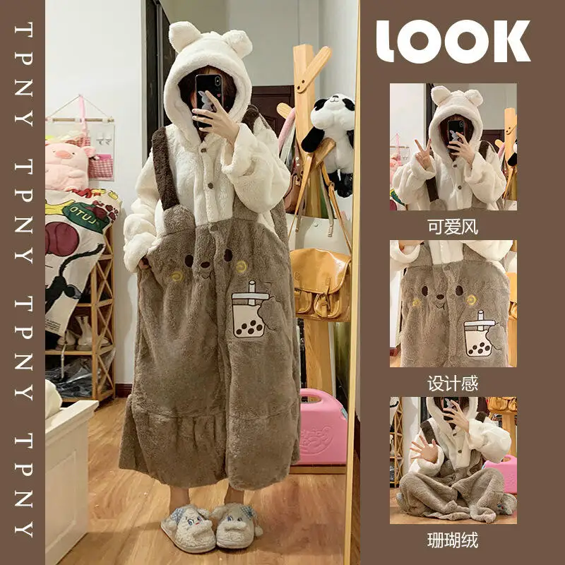 

Cute Bear Hooded Coral Fleece Sleepwear Women Winter Girls Pajama Set Flannel Thickened Plush Robes Nightgowns Animal Loose Home