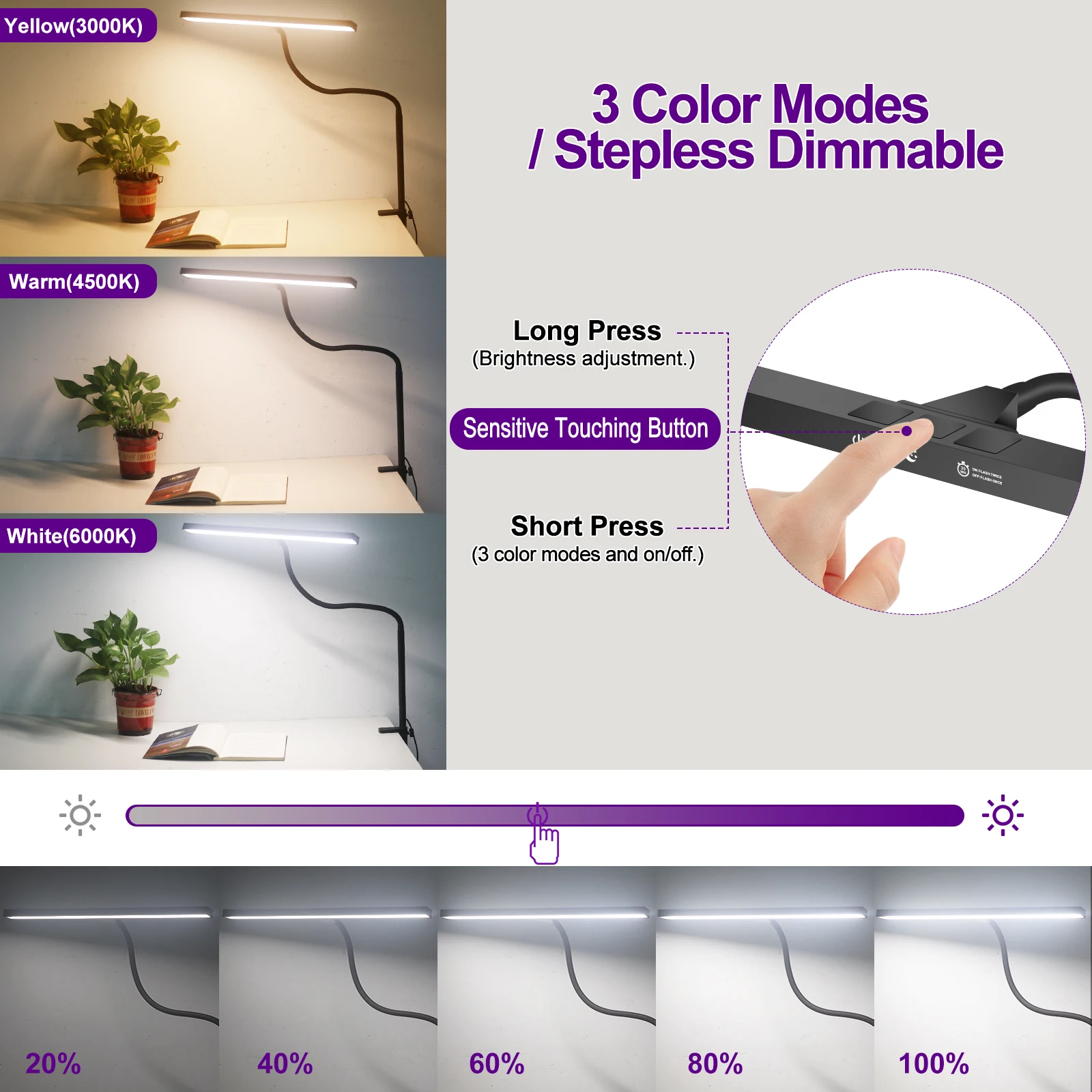 NEWACALOX-Lampe de bureau à commande tactile avec pince, col de cygne réglable à 360 °, 3 couleurs, lampe de table pour la maison, le bureau et l'étude, 12V, 24W, EU, US