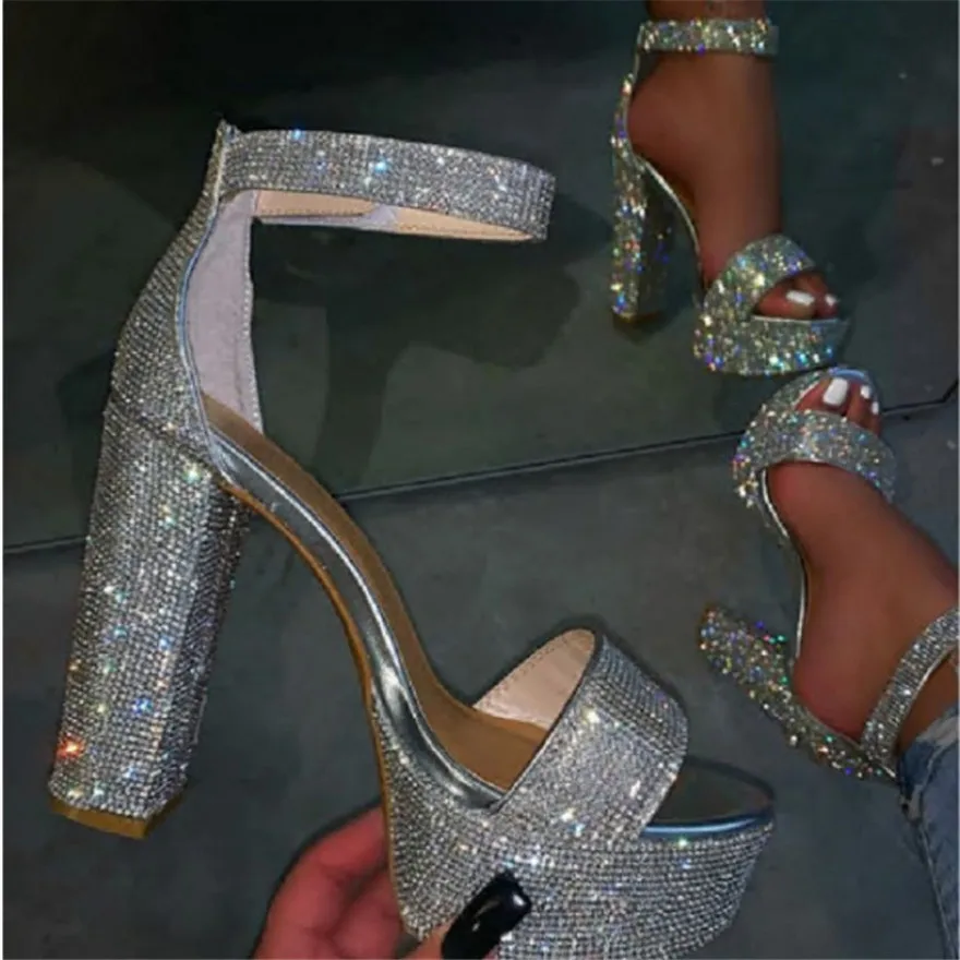 Sexy High Heels Platform Sandals For Women Silver Fashion Open Toe Crystal Buckle Thick Heel Wedding Party Female Designer Shoes