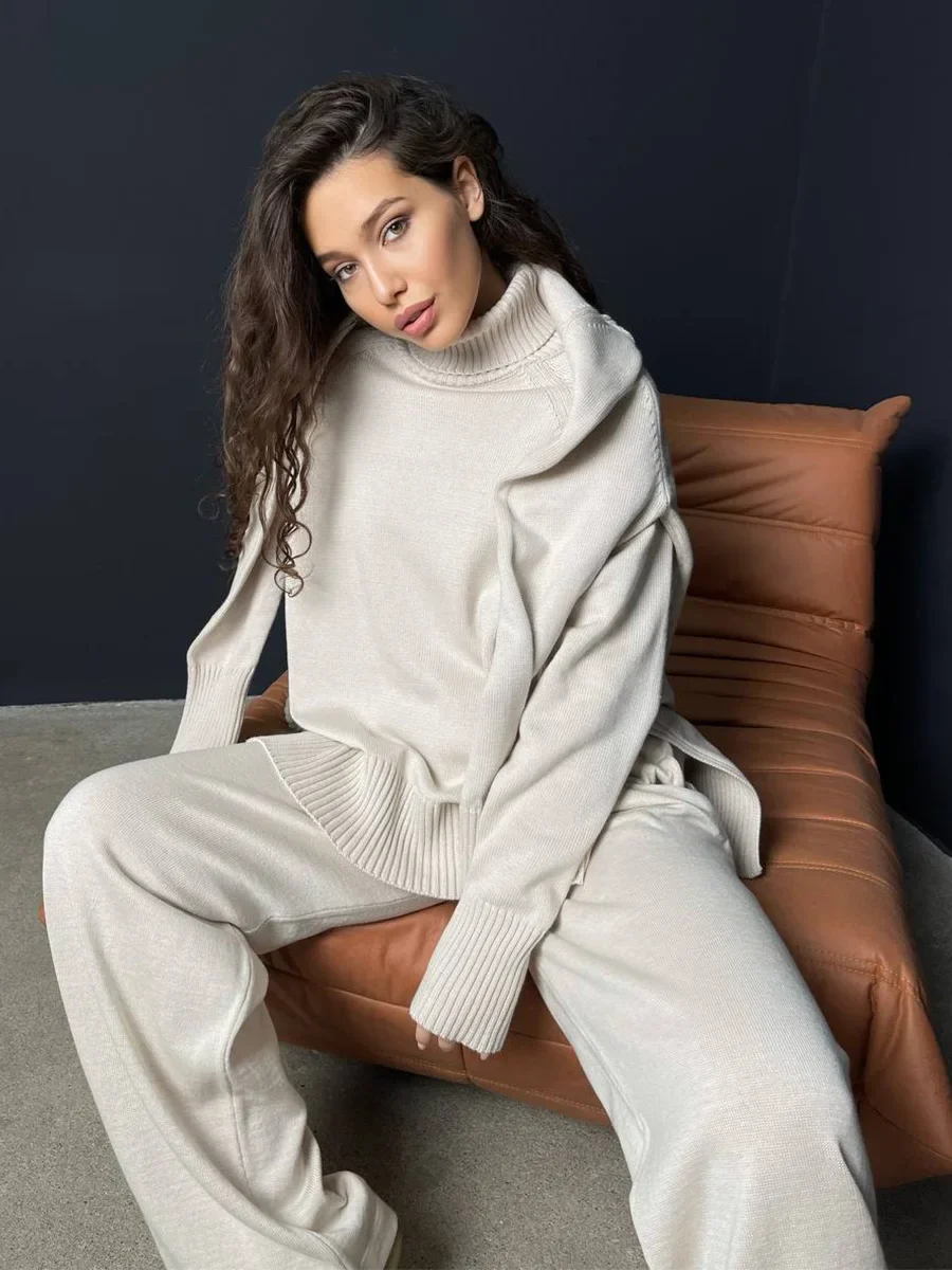 Blubelle Damen-Set, neuer Herbst-Winter-Rollkragenpullover, Strickpullover, weites Bein, Hose, 2-teiliges Set, weicher Stoff, lockere Passform, elastische Taille