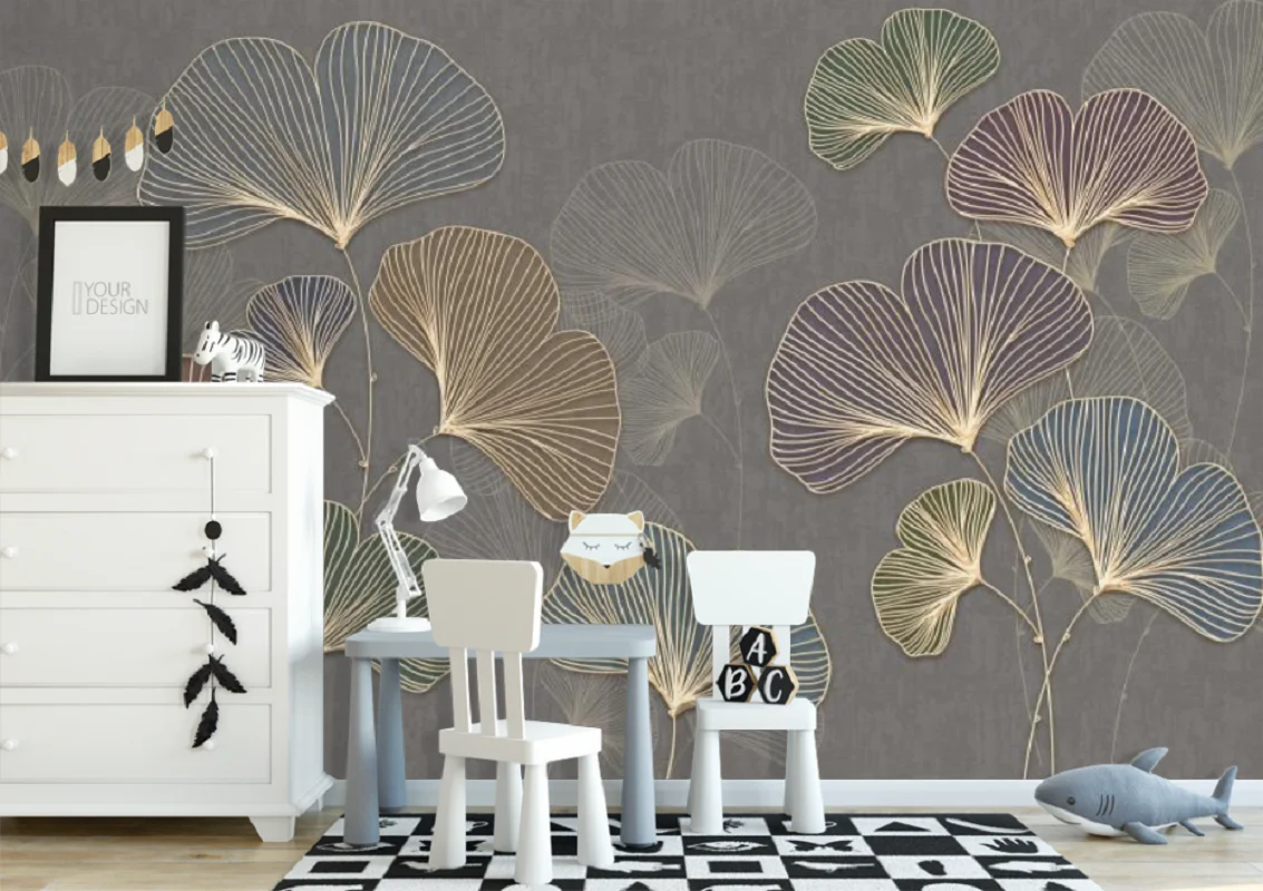 

Customized Products 3D Mural Wallpaper Modern Simple Accessible Luxury Line Relief Ginkgo Leaf Tv Sofa Bedroom Bedside Background Wall Decorative Wall Covering