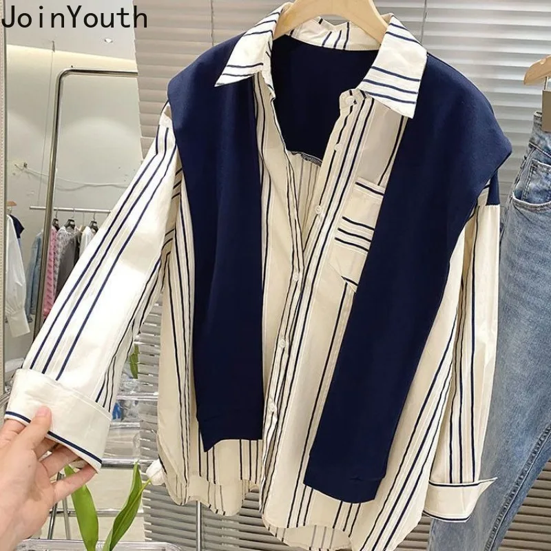 Striped Shirts Fashion Long Sleeve Korean Blouses for Women 2024 Camisas De Mujer Fake Two Casual Blouse Vintage Oversized Tops