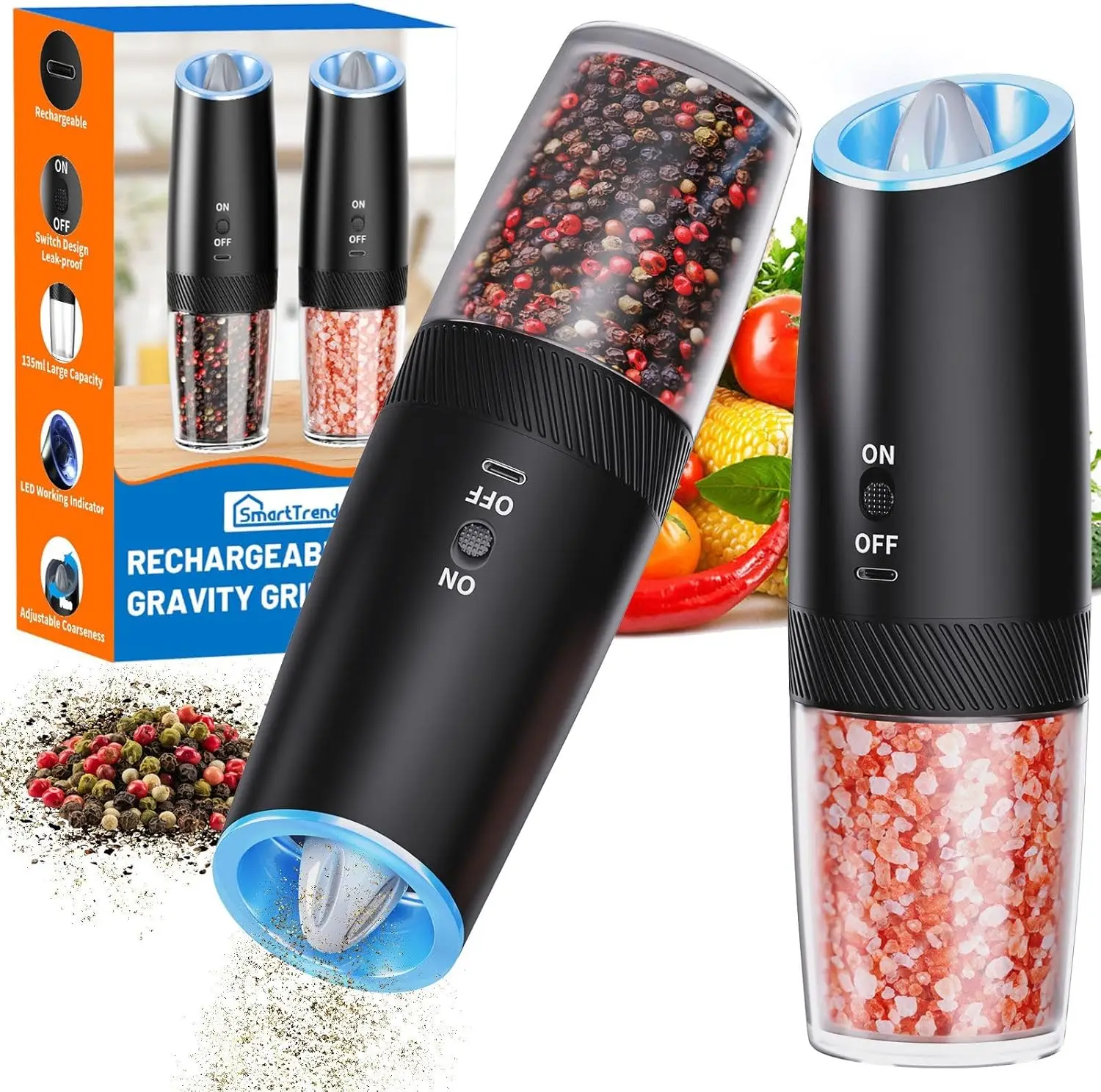 

Gravity Salt & Pepper Grinder Set with LED Light, Rechargeable, Adjustable Coarseness, 2 Pack