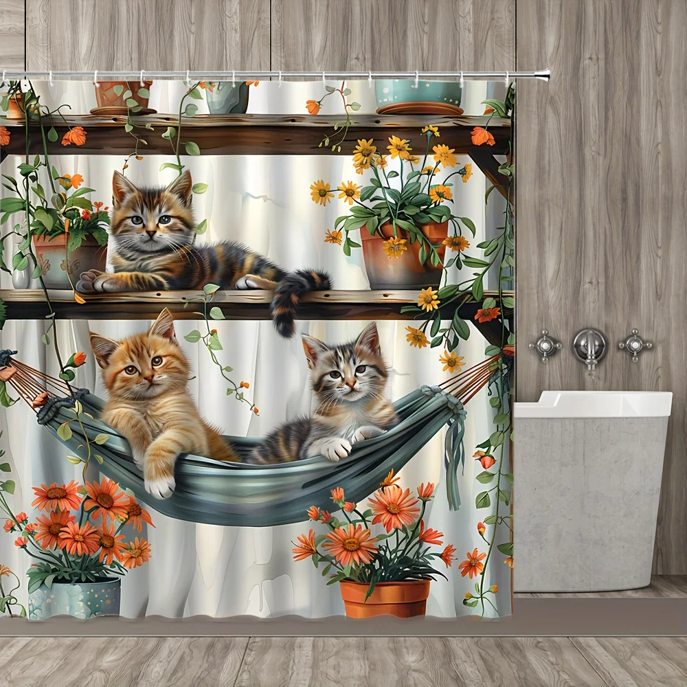 

Whimsical Cats in Hammock Shower Curtain, Garden Flowers and Plants Art, Cartoon Animal Bathroom Decor, Waterproof Polyester
