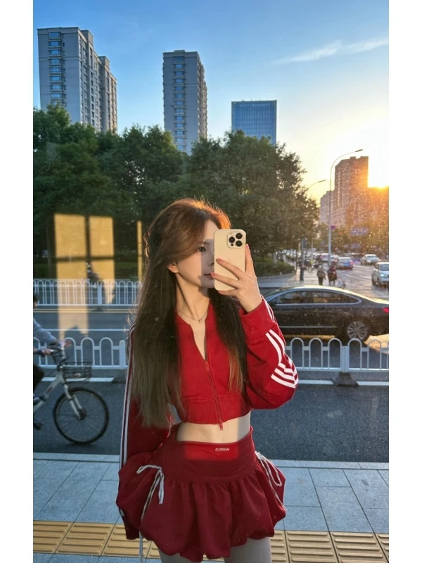 

Korean Style High Waist Puffy Skirt And Long Sleeve Sweatshirt Jacket Women's Fashion Set Spring Summer New Arrival