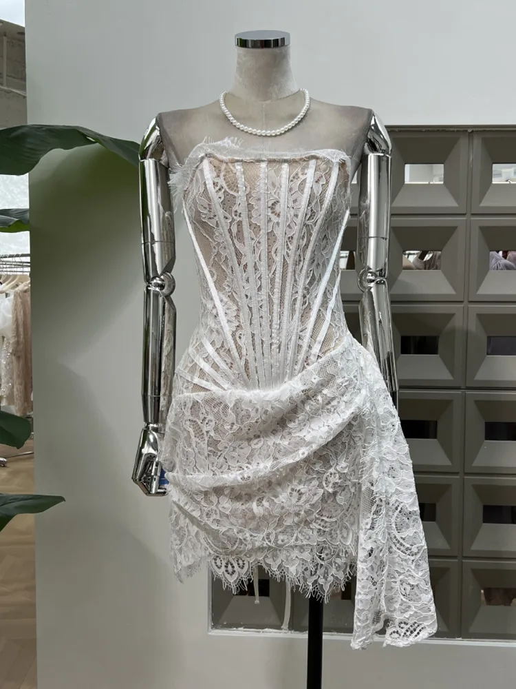 DFDG Women’s Vietnamese Vintage Designer Lace Dress Sheer Strapless Corset Tie Waist Party Spring Summer Evening Events Dress