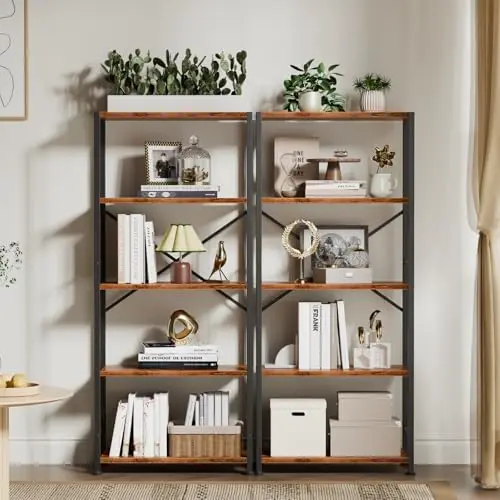 5 Tier Book Shelf Set of 2, Tall Wide Bookshelf, Rustic Brown | 20'' Wide Industrial Storage Shelves with X Crossbar image 3