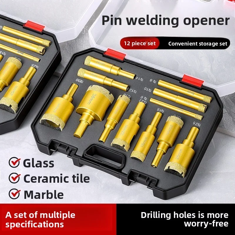 12Pcs Brazed Diamond Drill Bit Set, 6-35mm Dry Hole Saw for Marble Tile Stone, Electric Drill Accessory