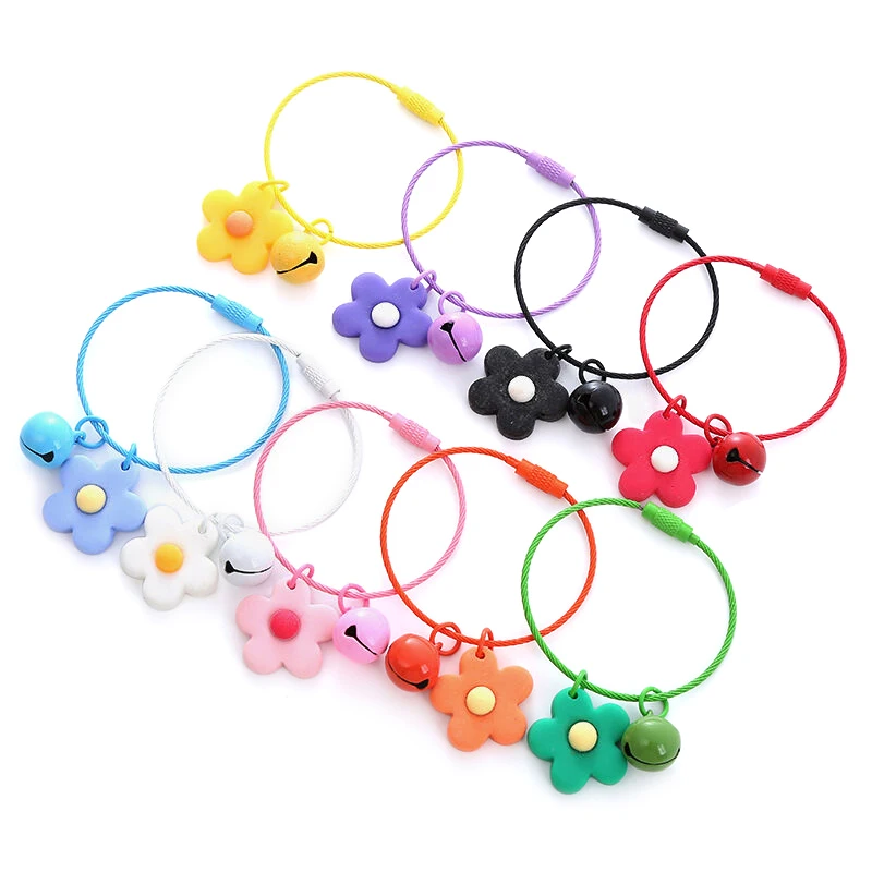 Candy Colors Flowers Key Chain Sweet Wire Rope Pendant With Bell Car Key Ring Backpack Charms Bag Decor