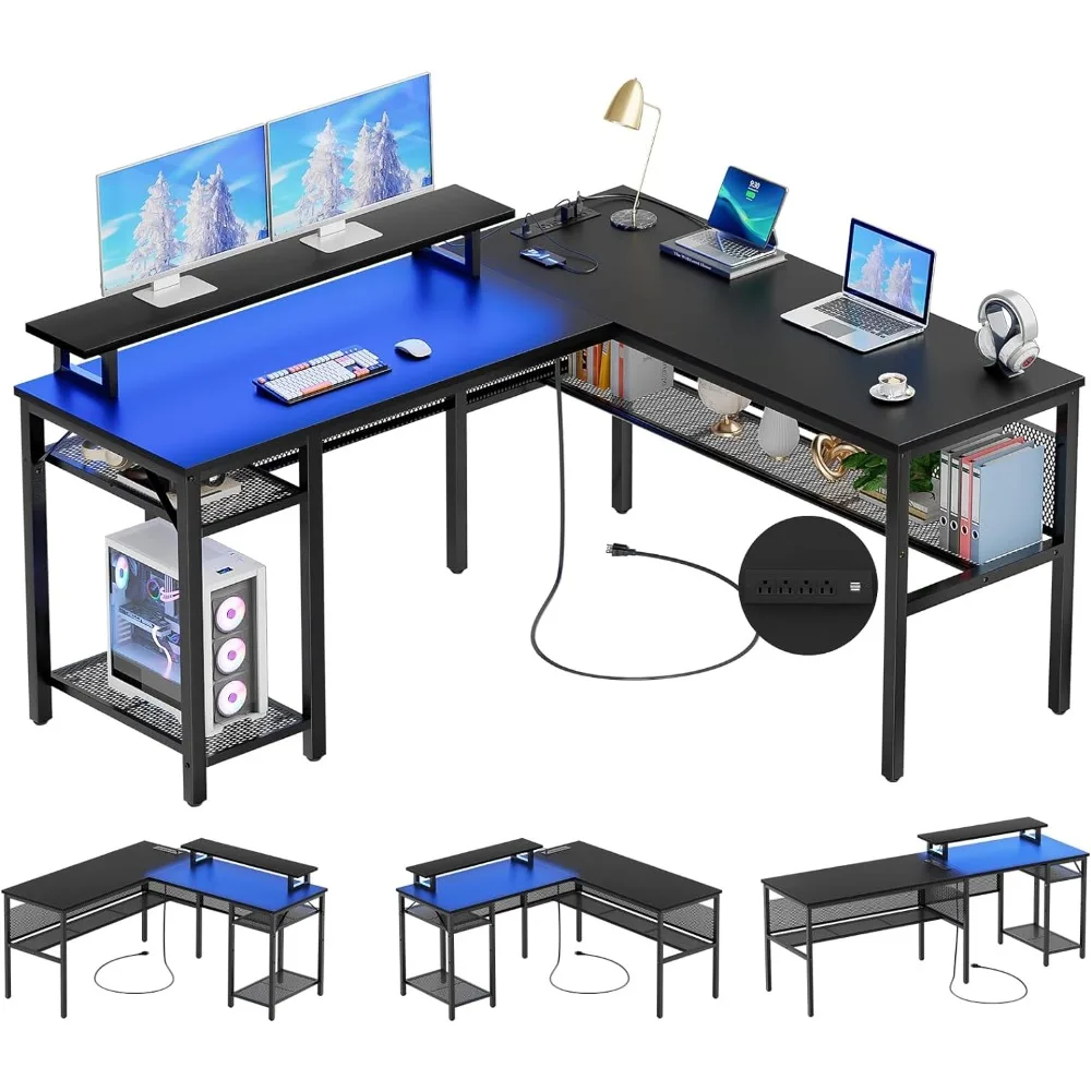 Unikito L Shaped Desk, Reversible Corner Computer Desk with Magic Power Outlets and Smart LED Light, Unique Grid Design, 55 Inch