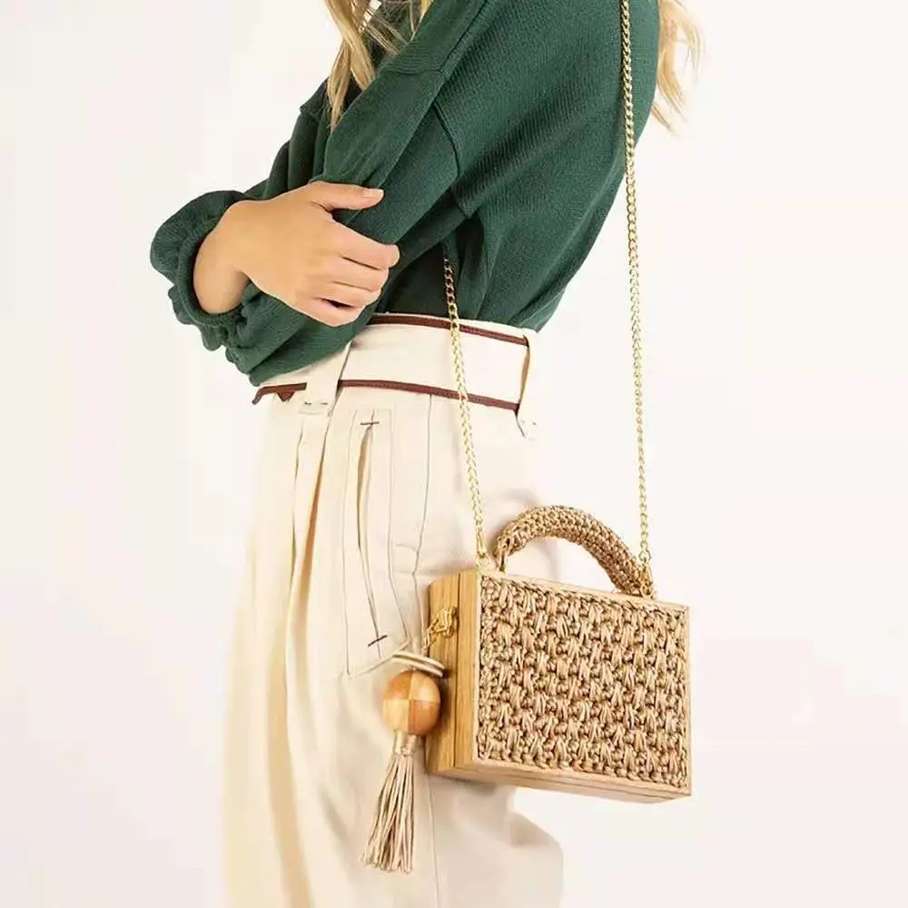 Mode Bamboe Kwastje Geweven Tas Crossbody Enkelschouder Rotan Touw Vierkante Kettingband Doos 2024 Zomer Strandtas