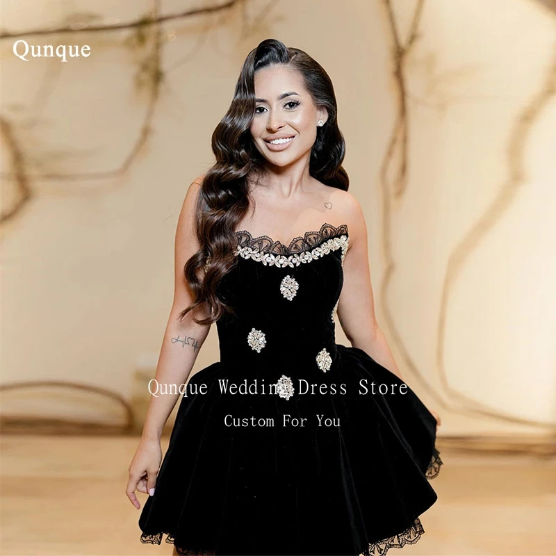 

Qunque Sexy Black Velour Mini Evening Dresses Strapless Lace Robes De Soirée Sparkly Crystals Formal Dresses Woman Customized
